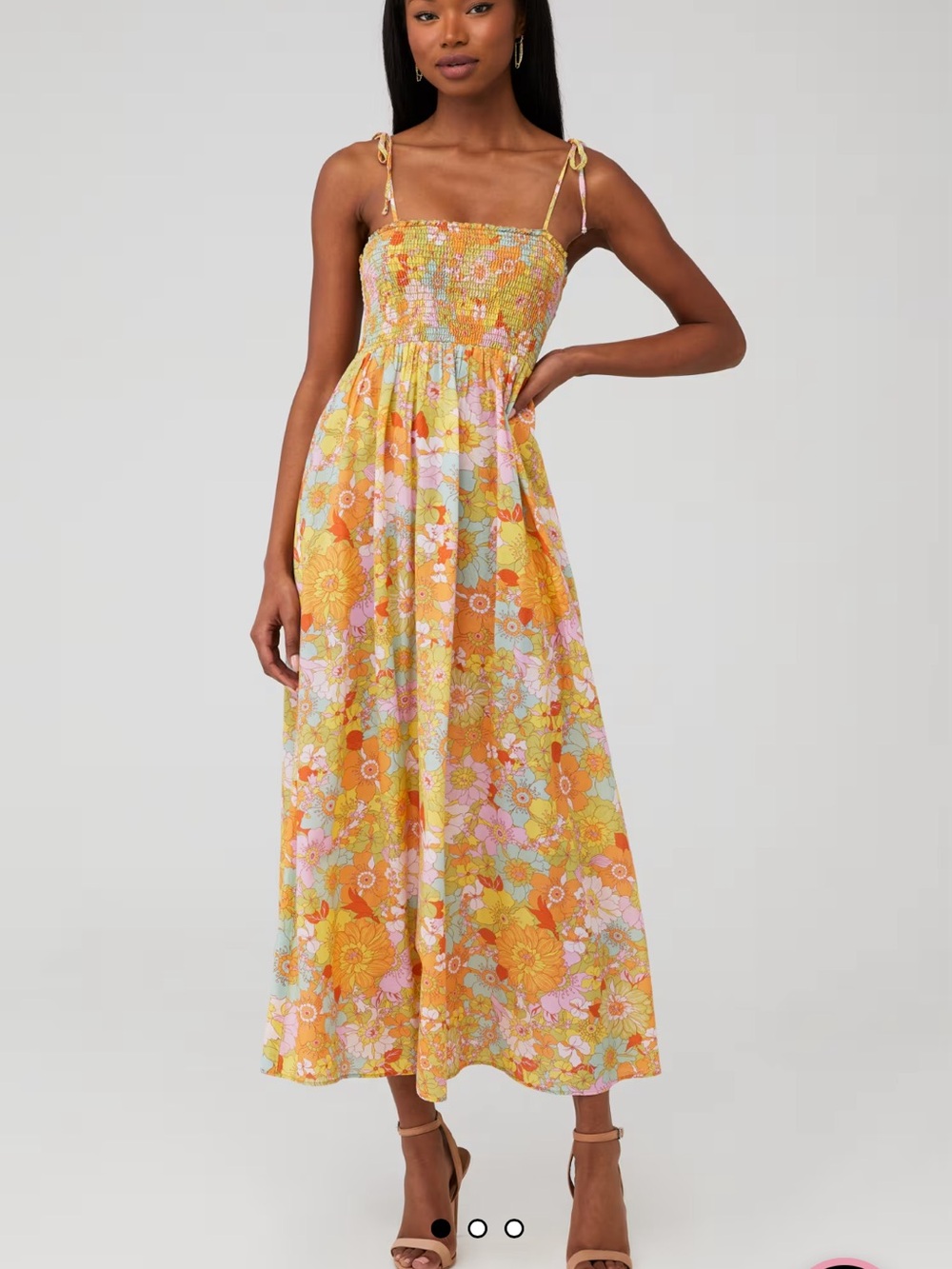 Smocked Tie-Strap Floral Maxi Dress in Yellow